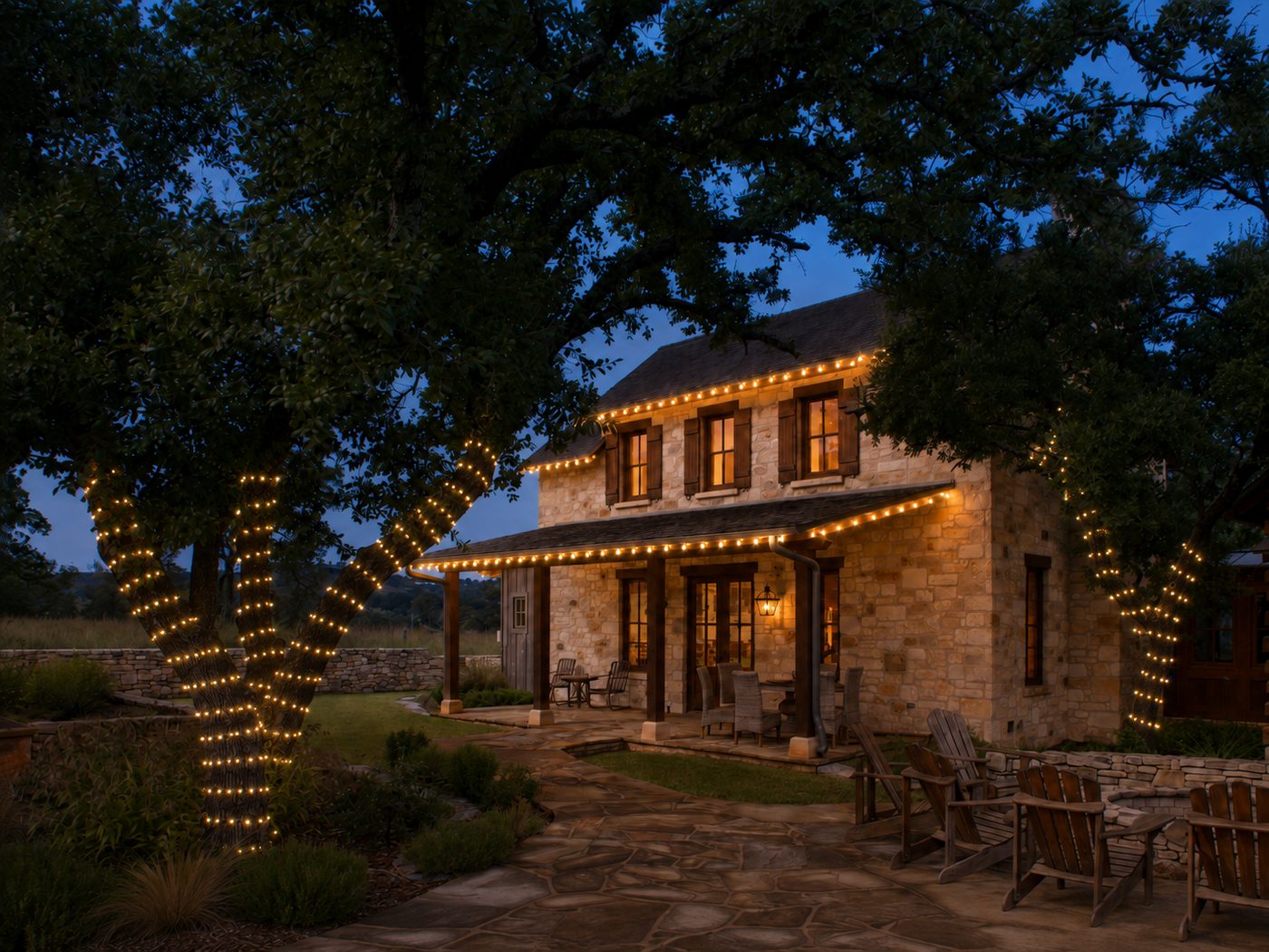 Two-story home with warm white roofline lights and wrapped trees